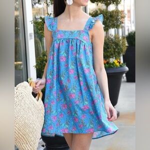 NWOT Moon River Blue Floral Flutter Sleeve Babydoll Mini Dress Sz L
